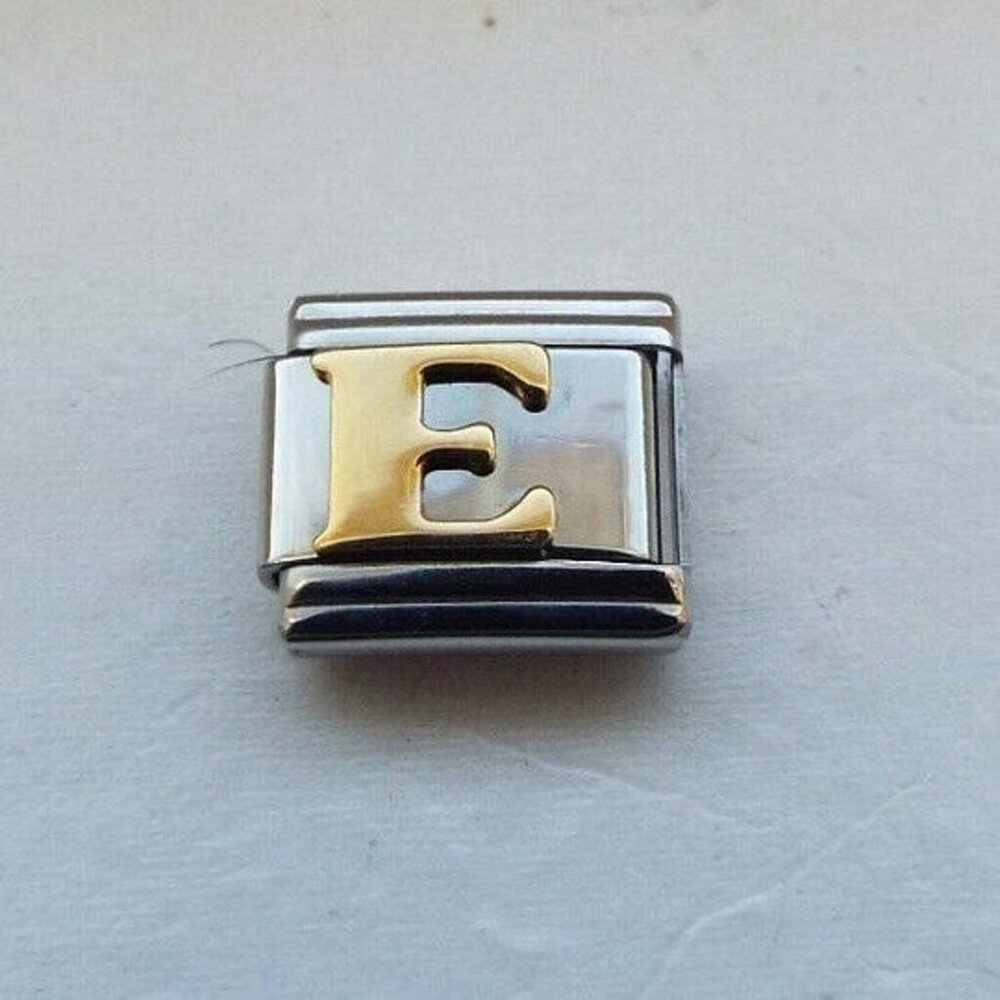 Raised gold metal letter E 9mm stainless steel Italian charm bracelet link new